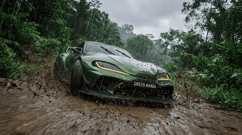 Toyota GR Supra GREEN MAMBA — джунгли, дождь